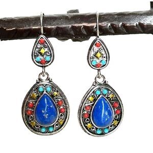 NEW  Cobalt Blue Teardrop Earrings Colorful Beads Silver Dangle Drop Boho